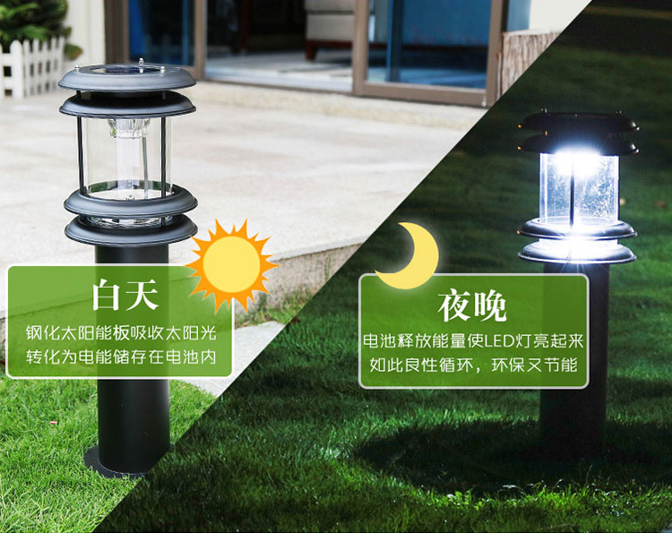 (QDTYN-CP003)60cm现代简约花园太阳能草坪灯白天和夜间亮灯对比效果图片