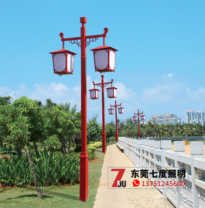 3米公园双头中式红仿古庭院灯安装效果实拍图片