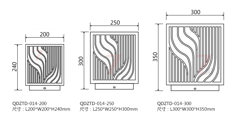(QDZTD-014)古铜拉丝割花方形矮柱柱头灯200mm、250mm、300mm尺寸示意图