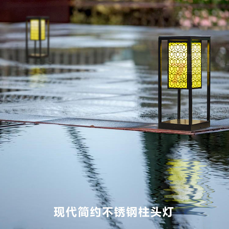 现代简约中式景观柱头灯安装实景